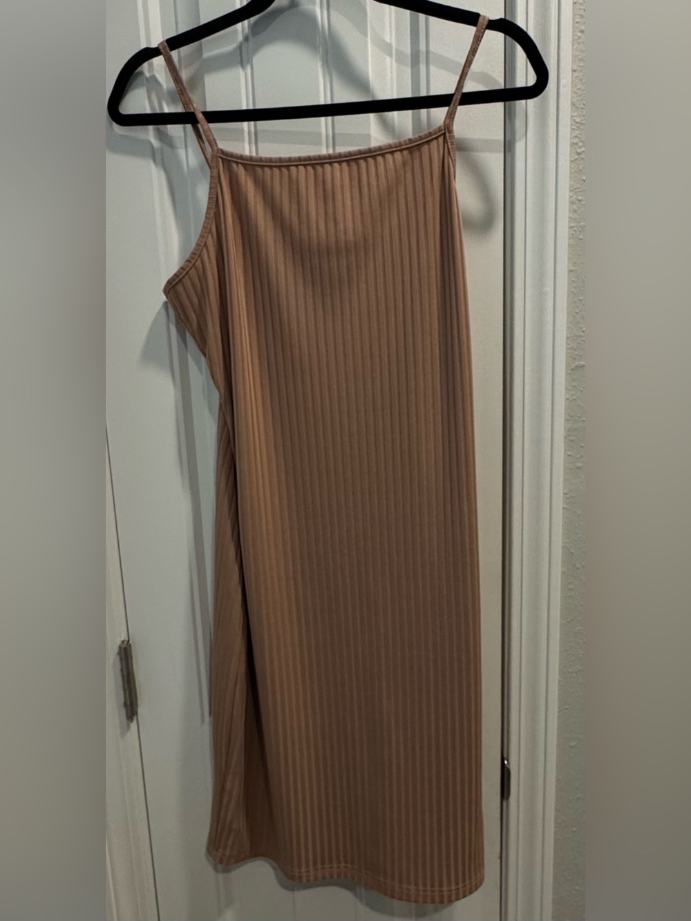 Taupe Ribbed Midi Slip Dress with Thin Straps
